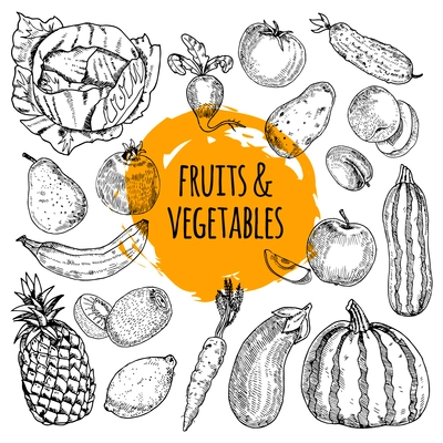 Healthy food pictograms arrangement of fruits and vegetables collection hand drawn doodle style abstract vector illustration