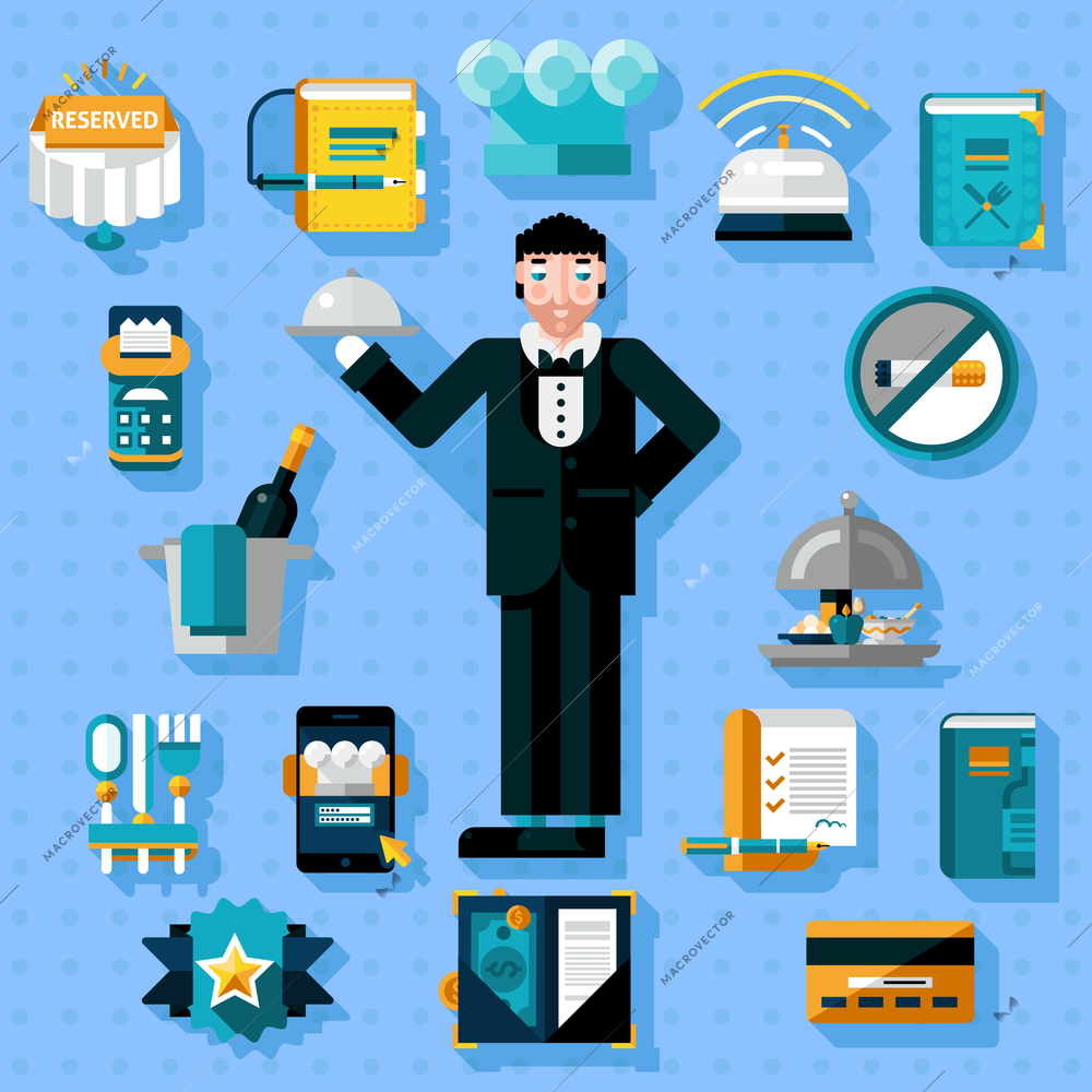 Restaurant services icons set with butler figure serving food isolated vector illustration