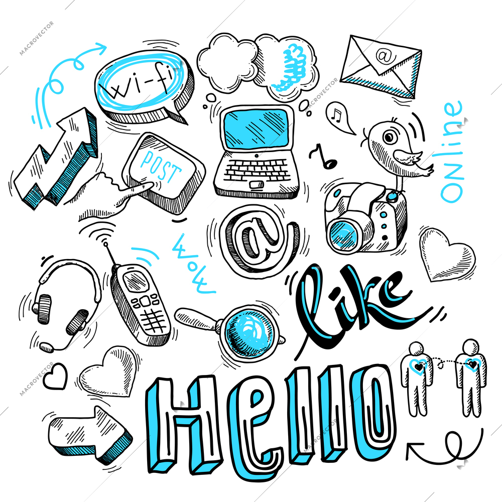 Doodle social media sign for blogging networking and marketing communications isolated vector illustration