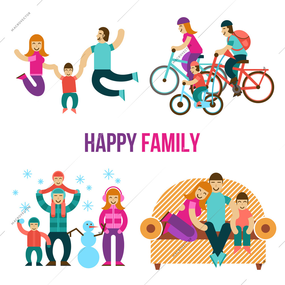 Family fun set with happy people jumping sitting on couch riding a bicycle flat isolated vector illustration