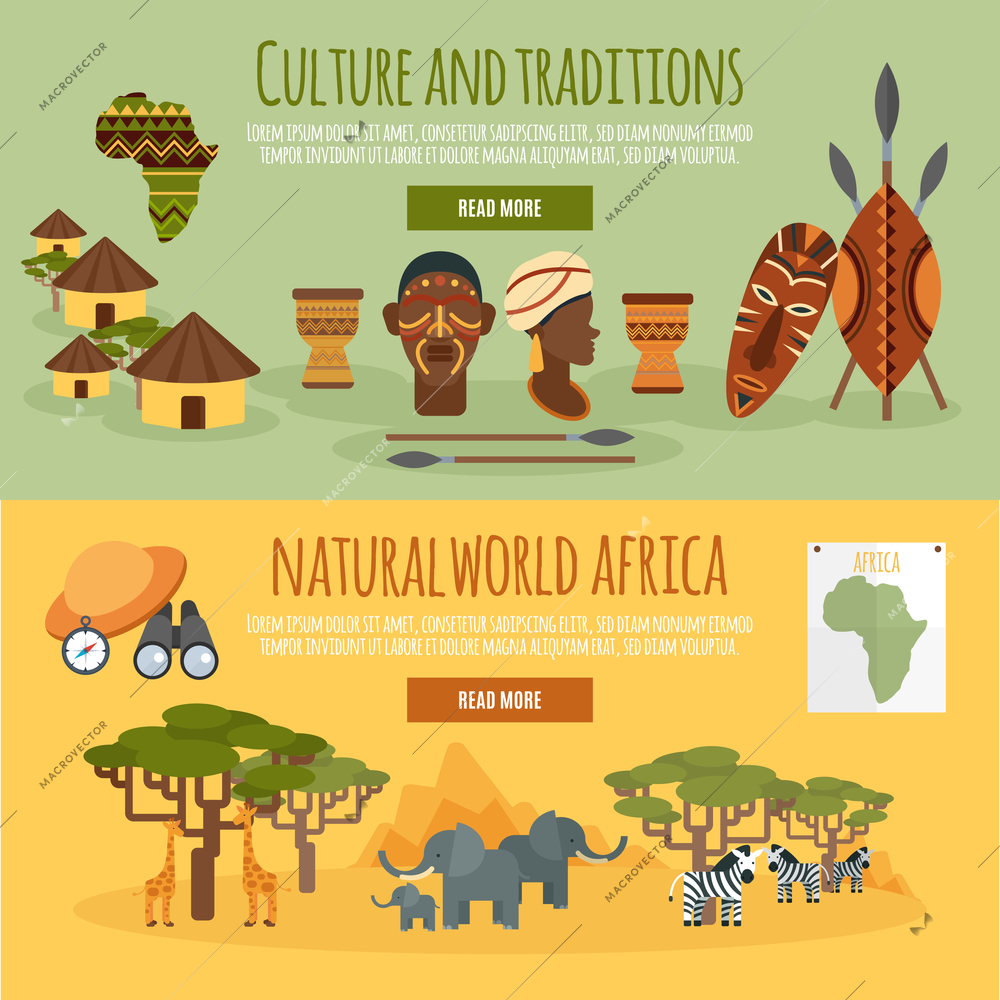 African nature culture and traditions interactive site webpage 2 flat horizontal banners design abstract isolated vector illustration