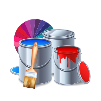 Painting tools and equipment realistic composition with paint cans vector illustration