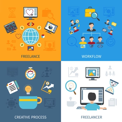 Freelancer design concept set with freelancer workflow and creative process flat icons isolated vector illustration