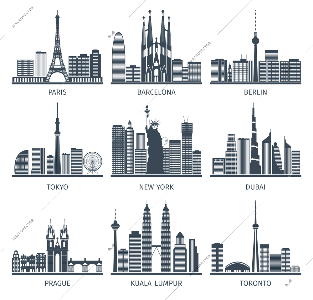 Urban skylines black white icons set with Paris Berlin and New York flat isolated vector illustration