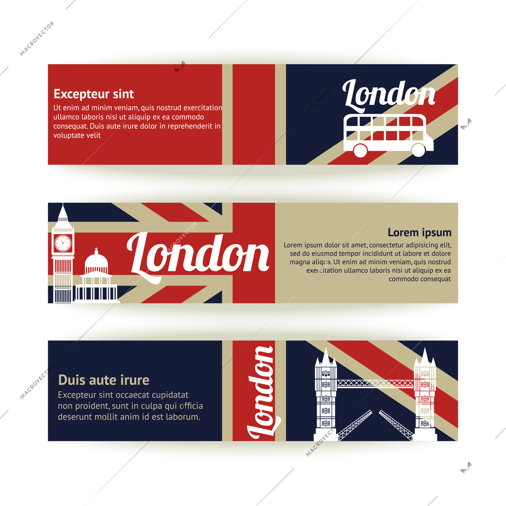 Collection of banners and ribbons with London landmark buildings isolated vector illustration