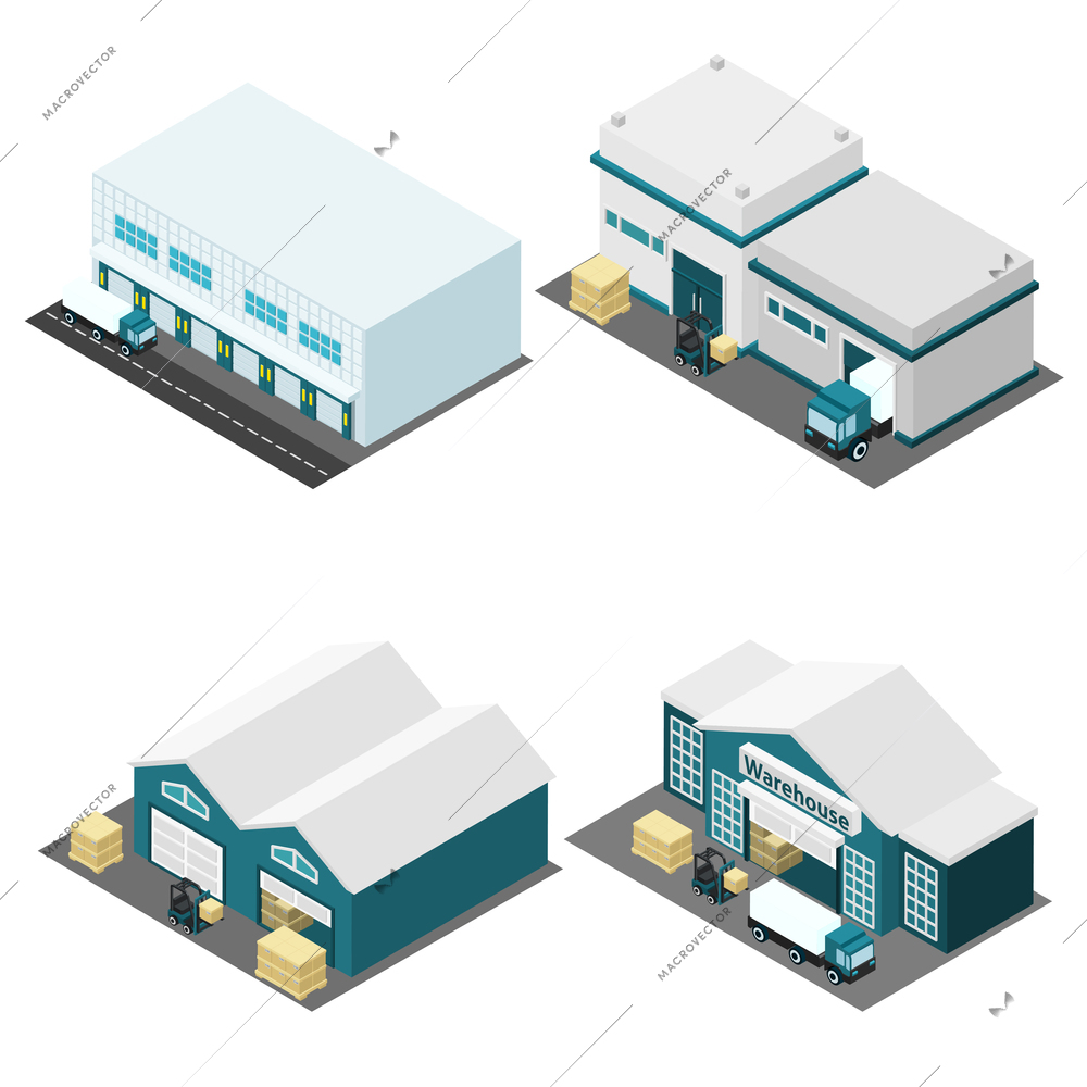Warehouse building isometric icons set with truck boxes and road isolated vector illustration