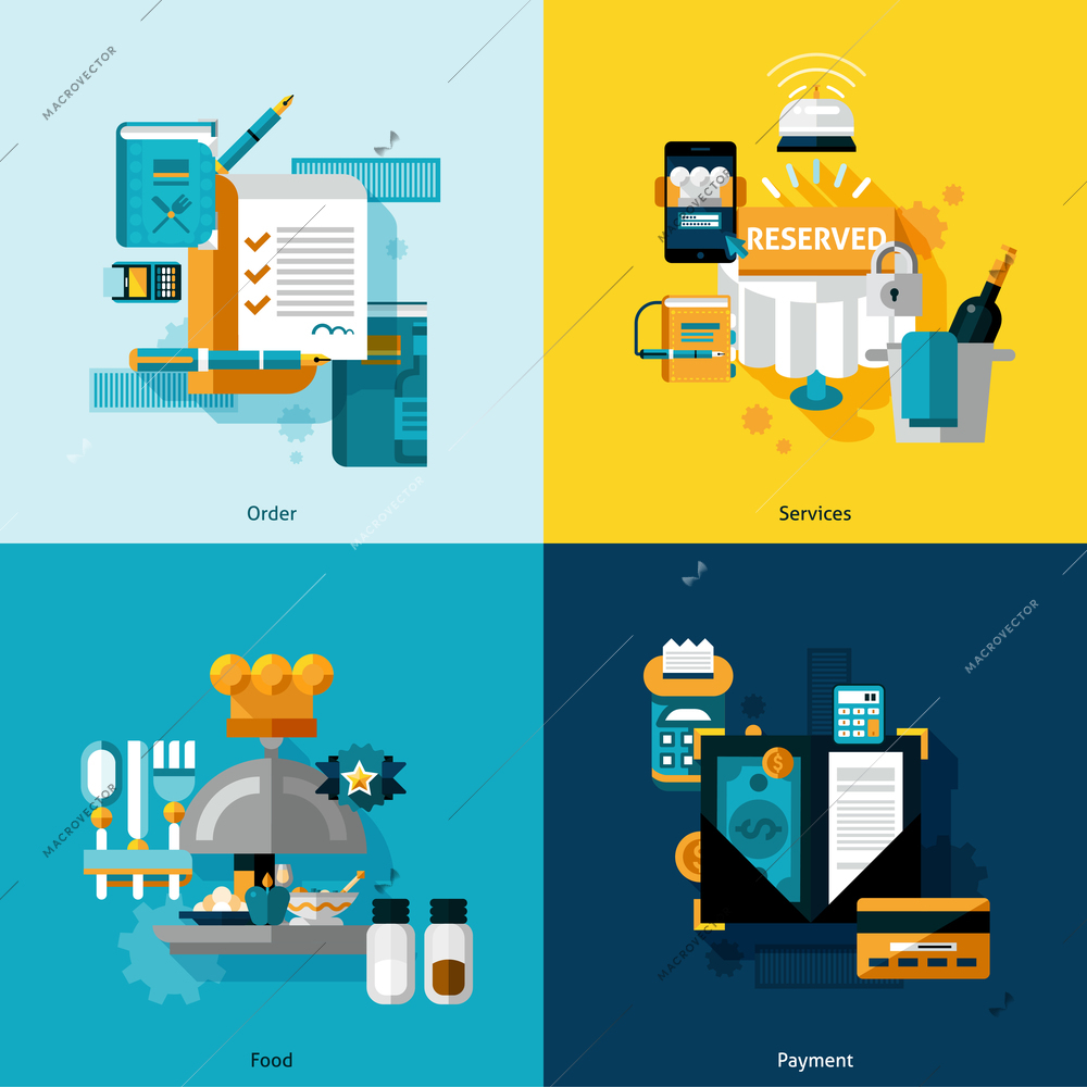 Restaurant services design concept set with food order and payment flat icons isolated vector illustration