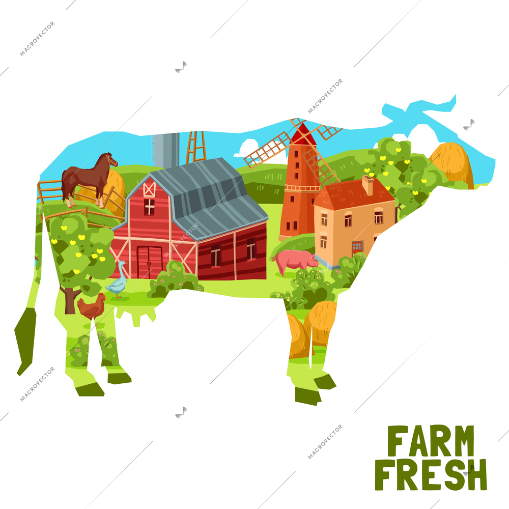 Farm concept with agriculture elements in cow shape vector illustration