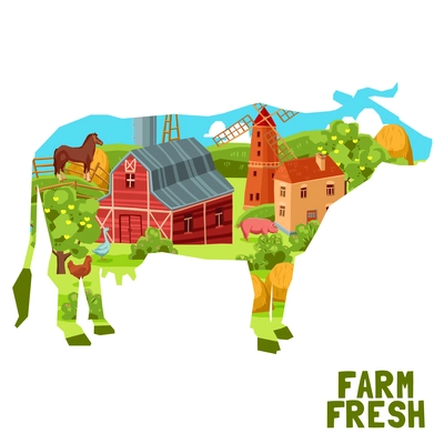 Farm concept with agriculture elements in cow shape vector illustration