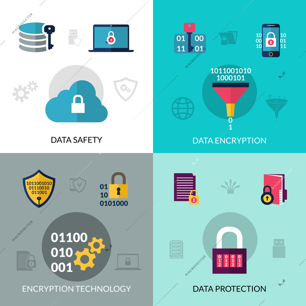 Data encryption design concept set with safety and protection technology icons isolated vector illustration