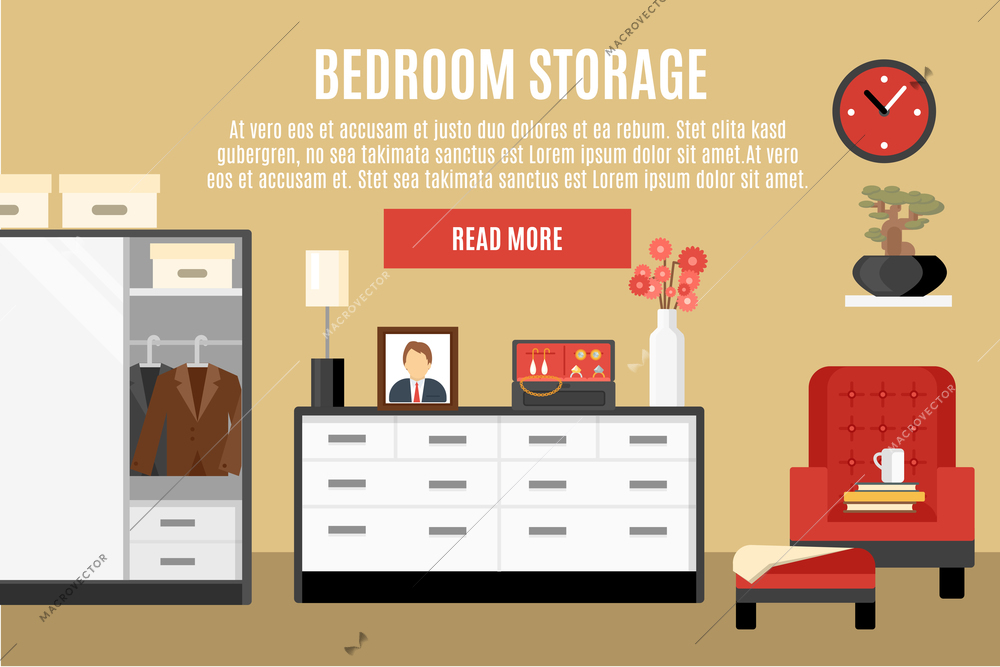 Bedroom storage with chest of drawers jewelry case and wardrobe flat vector illustration