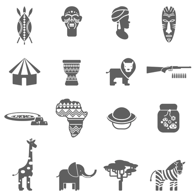 African natural wild life  and culture black icons set with pottery face masks abstract isolated vector illustration