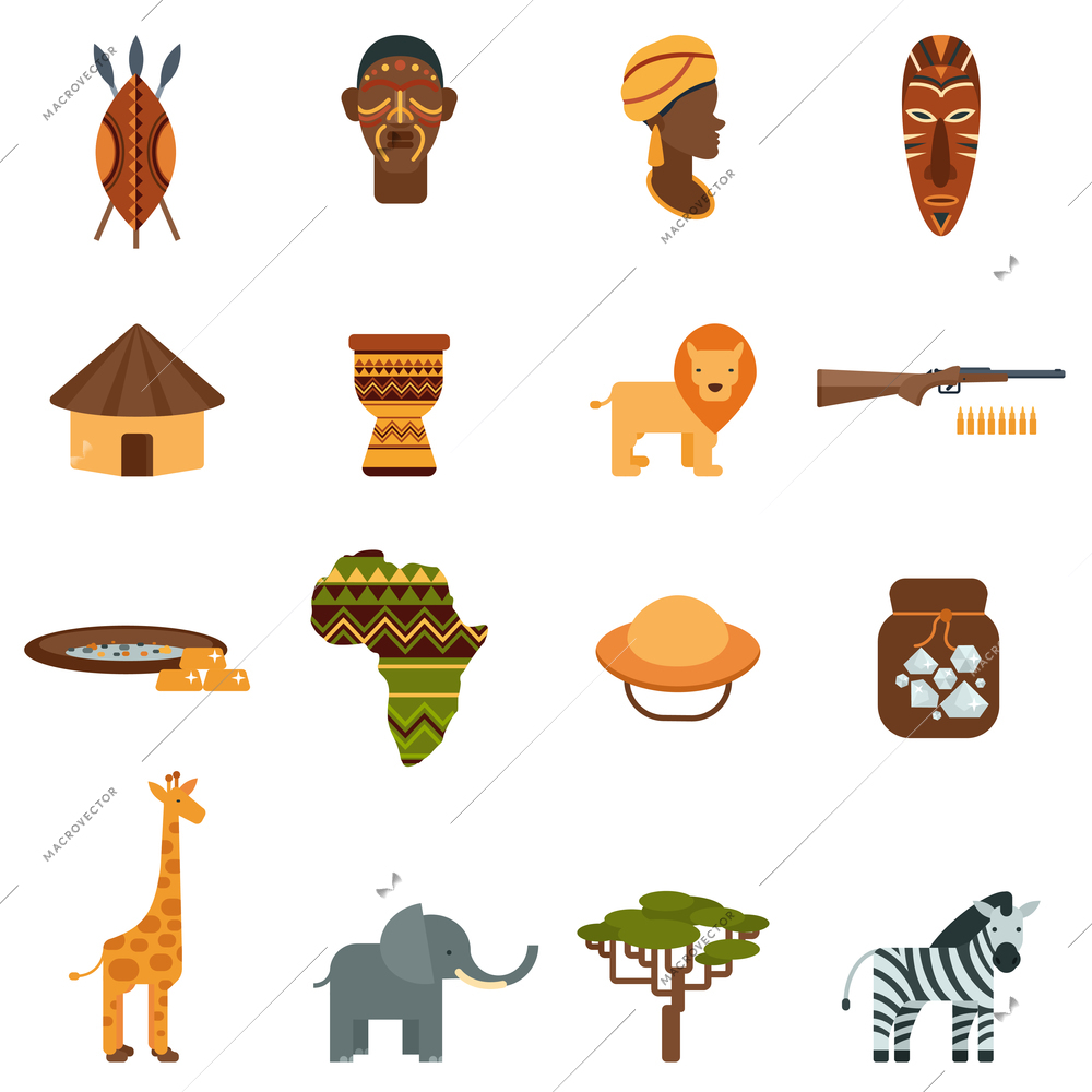 African natural world and culture black icons set with wild animals and plants abstract isolated vector illustration