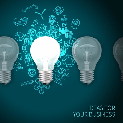 Business idea poster with realistic lightbulbs set and marketing symbols on background vector illustration