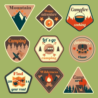 Outdoors tourism camping flat badges set of compass campfire tent and backpack isolated vector illustration