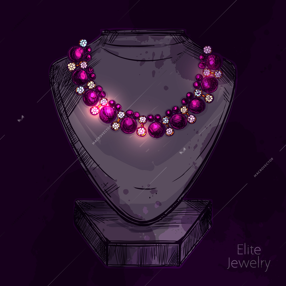 Mannequin for jewelry shop with hand drawn necklace on dark background vector illustration