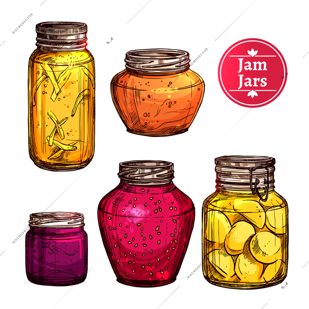 Colored hand drawn jam glass jars set isolated vector illustration