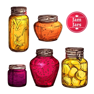 Colored hand drawn jam glass jars set isolated vector illustration