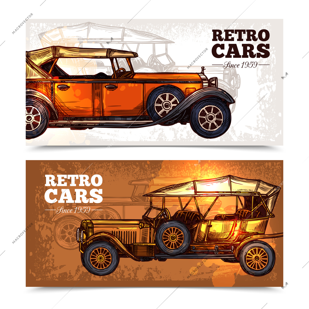 Retro cars horizontal banner set with hand drawn old style vehicles isolated vector illustration