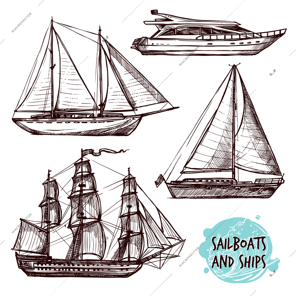 Hand drawn retro sail ships and speed boat set isolated vector illustration