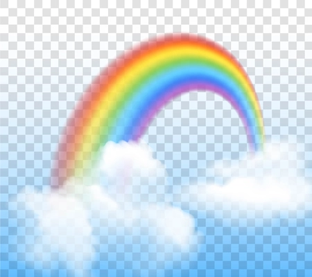 Bright arched rainbow with clouds realistic vector illustration on transparent background