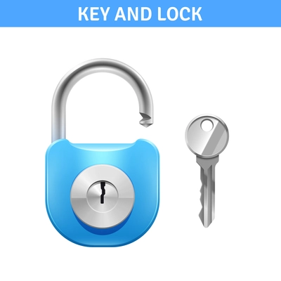 Metal lock and key for safety realistic design isolated vector illustration