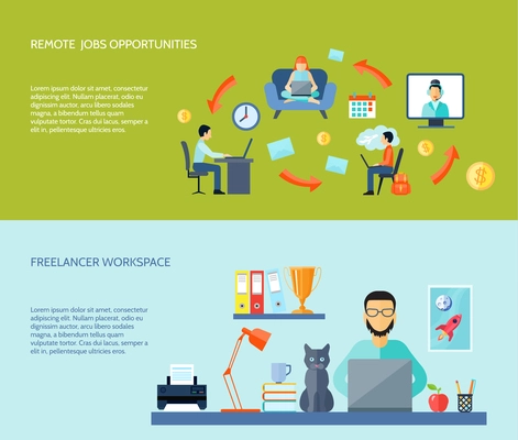 Freelancer workspace at home and remote jobs opportunites flat color horizontal banner set isolated vector illustration