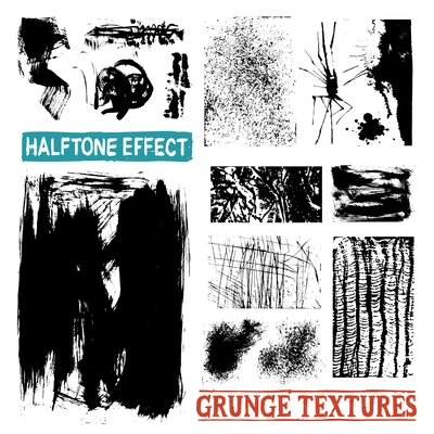 Grunge halftone drawing textures and black messy abstract patterns vector illustration