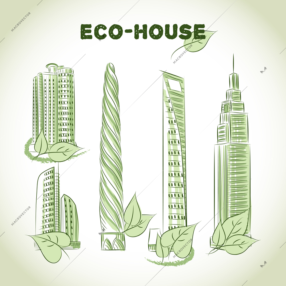 Eco green buildings icons of skyscrapers isolated sketch vector illustration