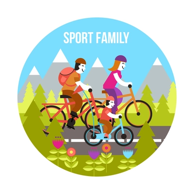 Sport family concept with parents and kid riding bikes flat vector illustration