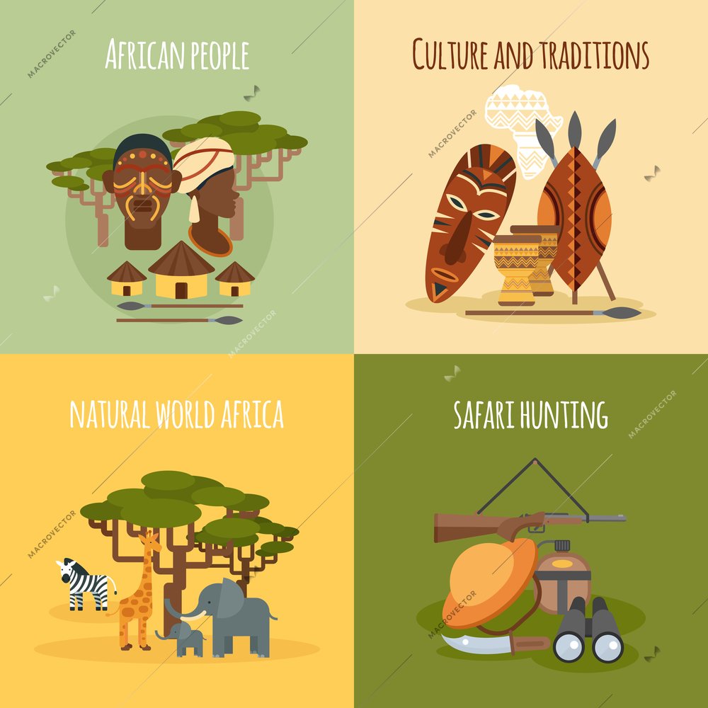 African world people traditions and safari hunting 4 flat icons square composition banner abstract isolated vector illustration