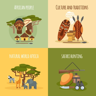 African world people traditions and safari hunting 4 flat icons square composition banner abstract isolated vector illustration