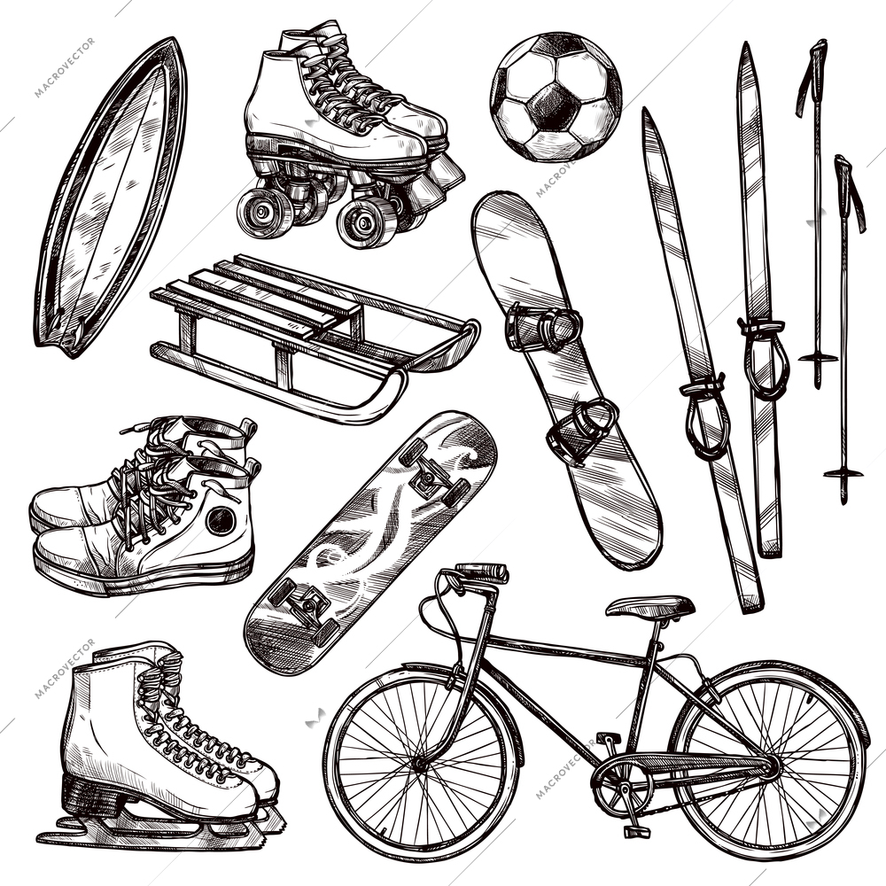 Winter and summer sport equipment set with hand drawn soccer ball bicycle and roller skates isolated vector illustration