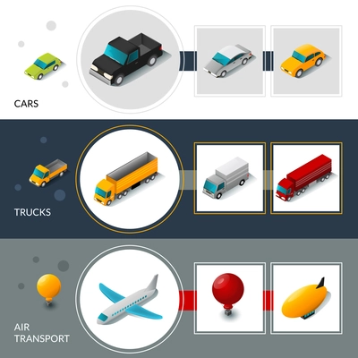 Isometric transport banners set with cars trucks and air transport isolated vector illustration