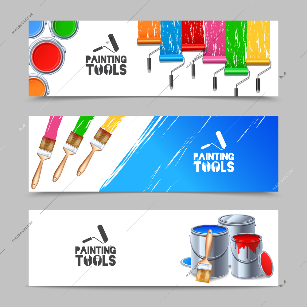 Painting tools realistic horizontal banners set with brush and paint roller isolated vector illustration