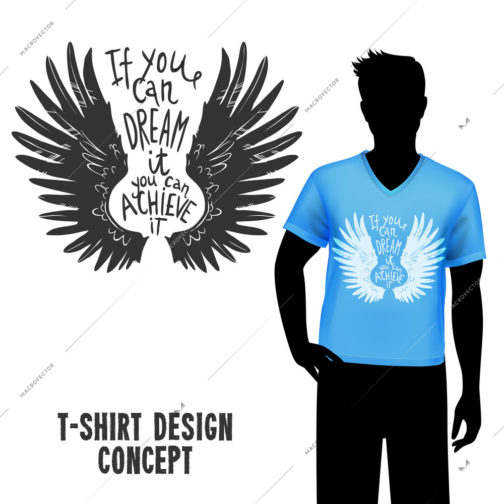 Male figure in blue t-shirt with sketch wings design and lettering vector illustration