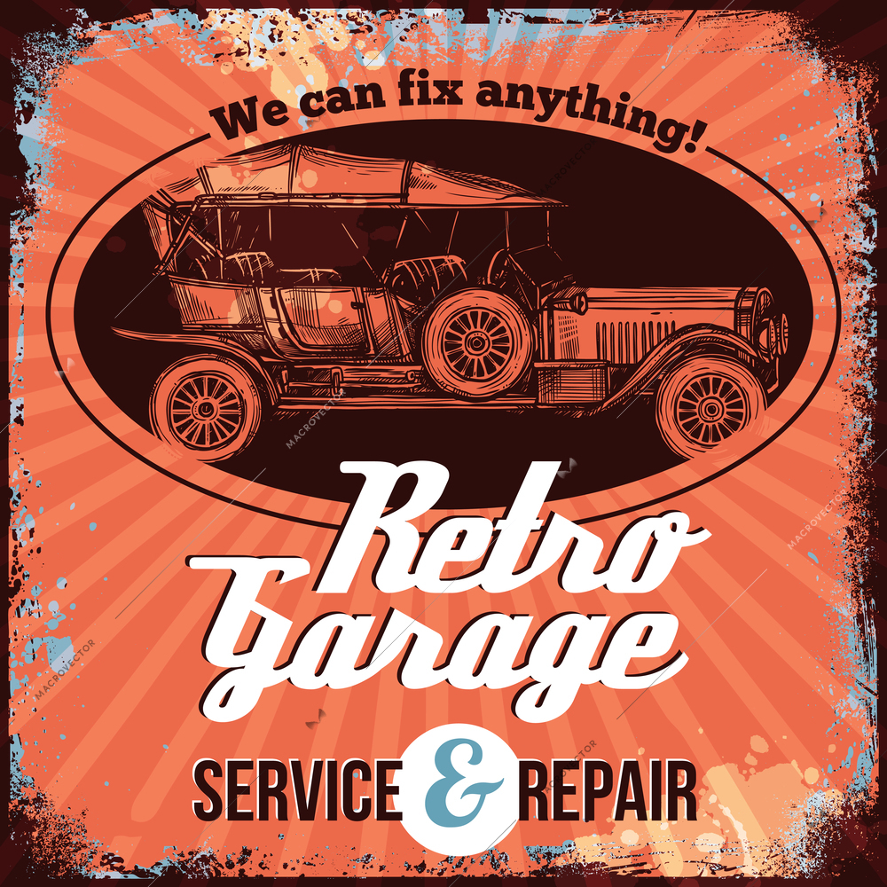 Vintage car service emblem design with hand drawn auto vector illustration