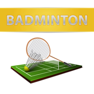 Realistic badminton shuttlecock and racket emblem isolated vector illustration