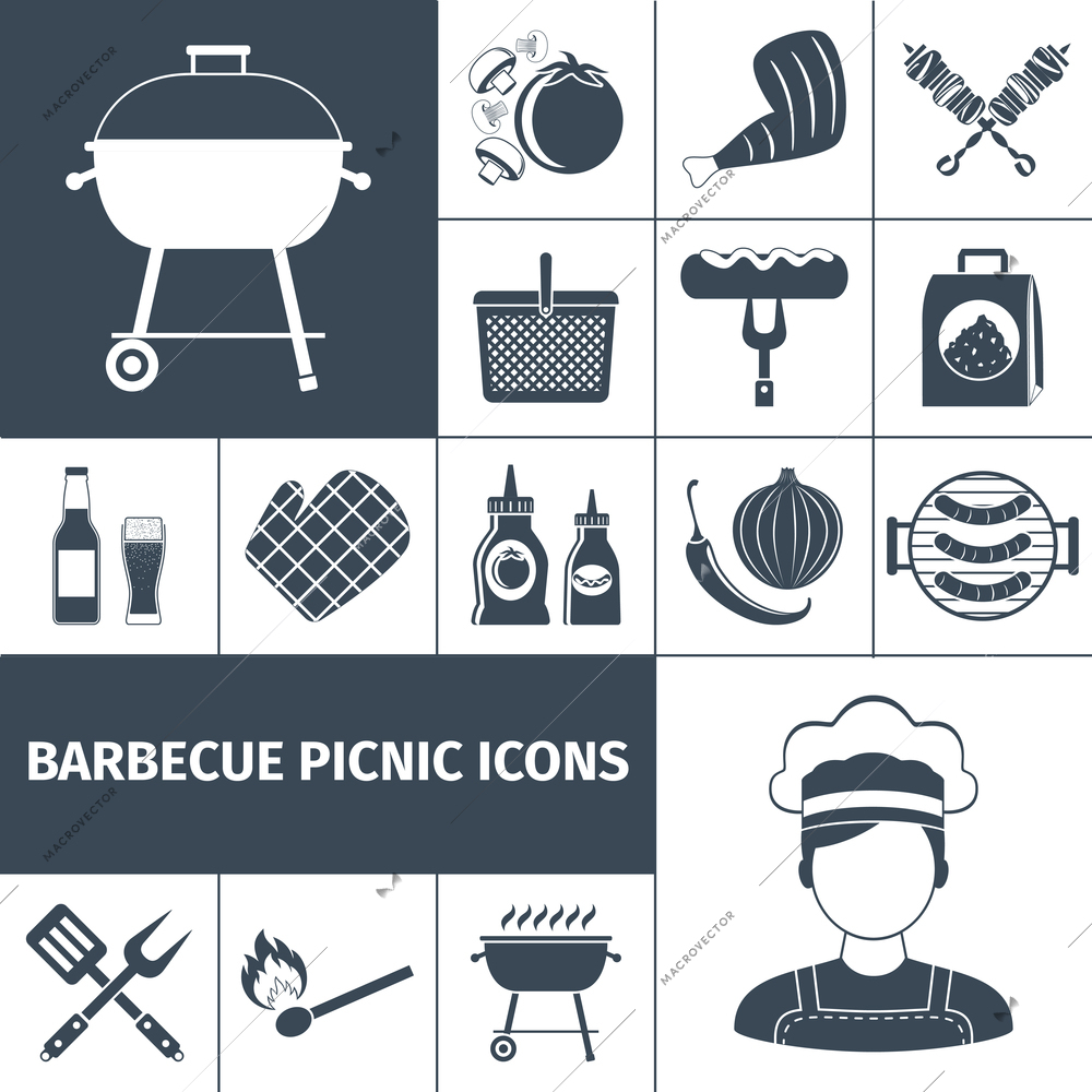 Summer weekend bbq picnic backyard  party with family and friends black icons set abstract vector isolated  illustration. Editable EPS and Render in JPG format