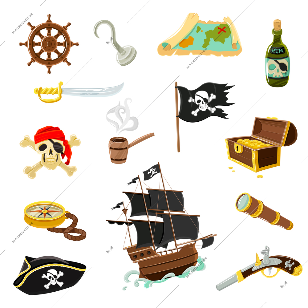 Pirate accessories flat icons collection with wooden treasure chest and black jolly roger flag abstract vector illustration