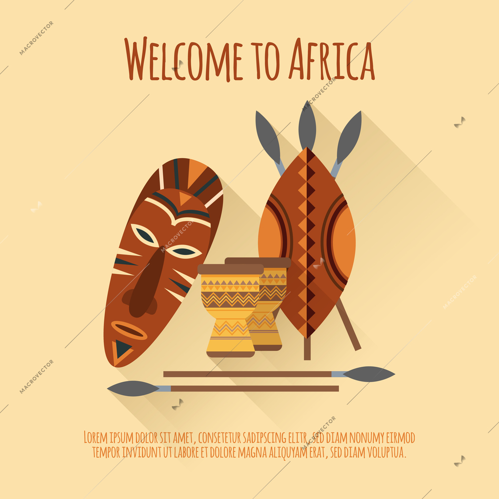 Welcome to africa flat  authentic cultural symbols poster with mask shields spears djembes abstract isolated vector illustration