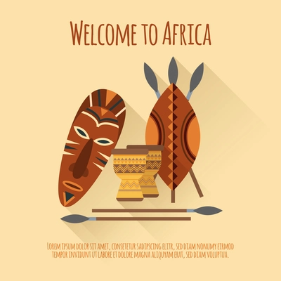Welcome to africa flat  authentic cultural symbols poster with mask shields spears djembes abstract isolated vector illustration