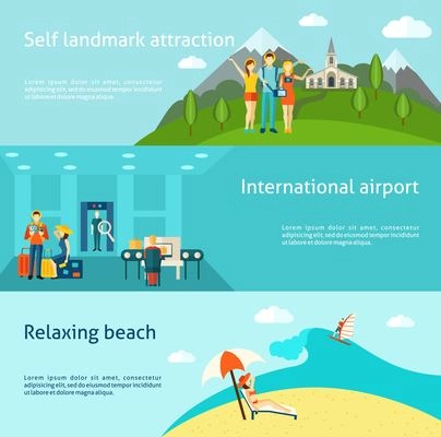 Tourists at international airport and relaxing on the beach flat horizontal banners set abstract isolated vector illustration