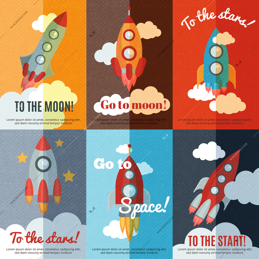 Go to moon  6 flat banners composition poster with funny rocket in space abstract isolated vector illustration