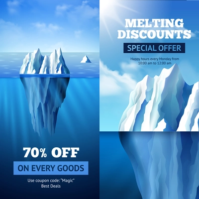 Sale banners vertical set with iceberg discount symbols isolated vector illustration