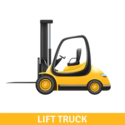 Yellow small lift truck for loading and unloading at warehouse realistic vector illustration