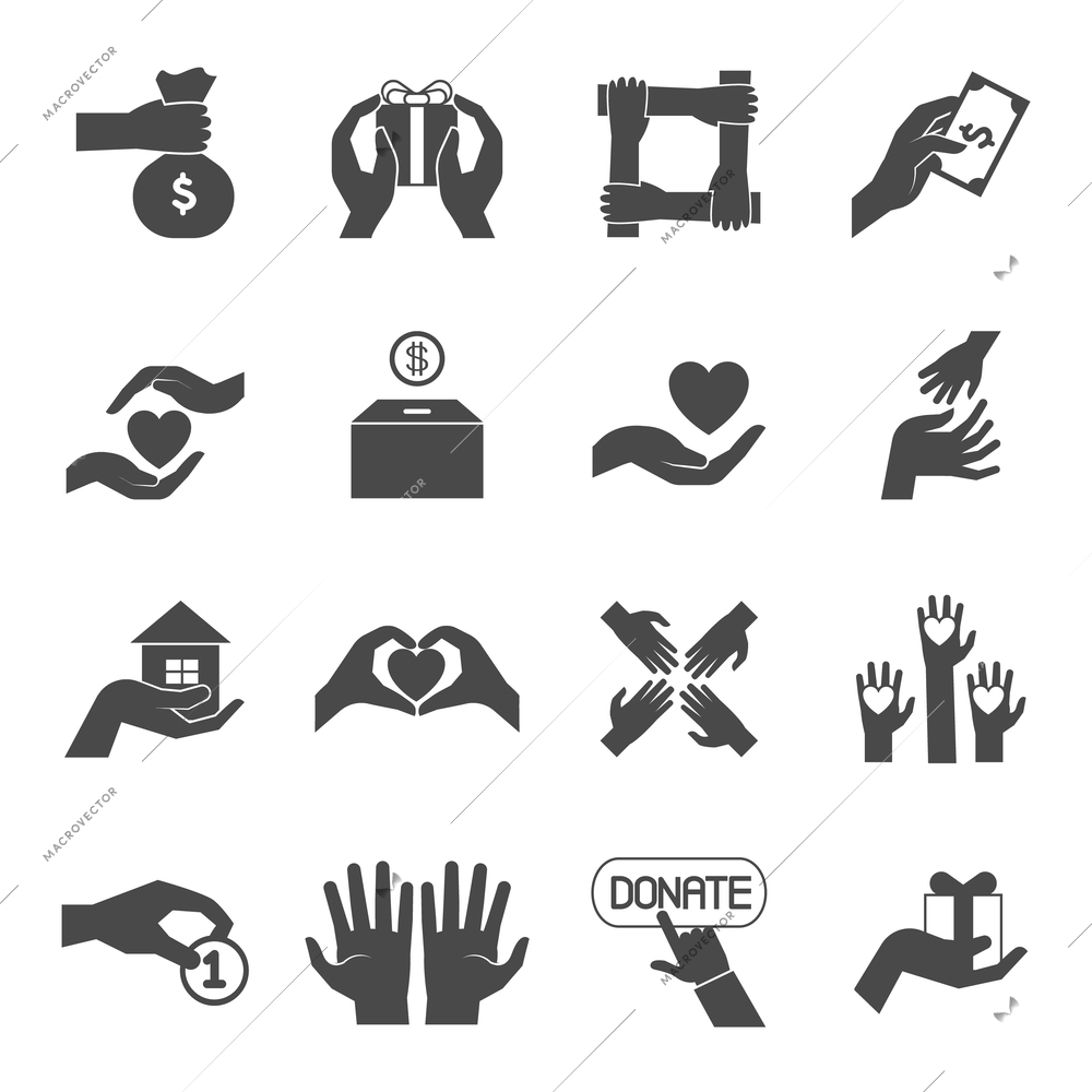 Long hands giving help love and support black icons set for charity  project abstract vector isolated illustration