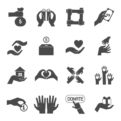 Long hands giving help love and support black icons set for charity  project abstract vector isolated illustration