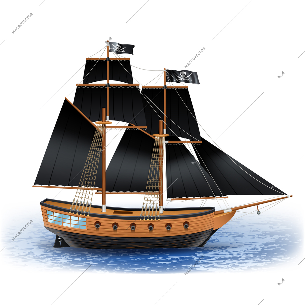 Wooden pirate ship with black sails and Jolly Roger flag at sea realistic vector illustration