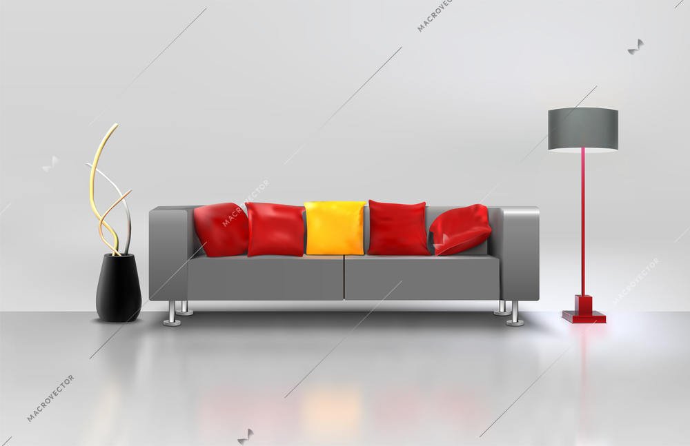 Modern minimalistic living room interior with realistic couch lamp and vase vector illustration